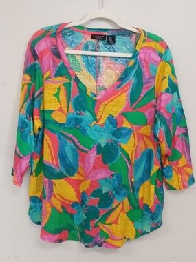 Tahari Linen Vibrant Multicolor Floral 3/4 Sleeve V Neck Lightweight Tunic 1X